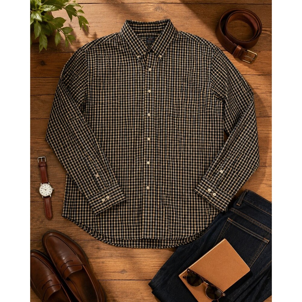 Arrow USA 1851 Mens XL Black Tan Plaid Long Sleeve Button Down Shirt